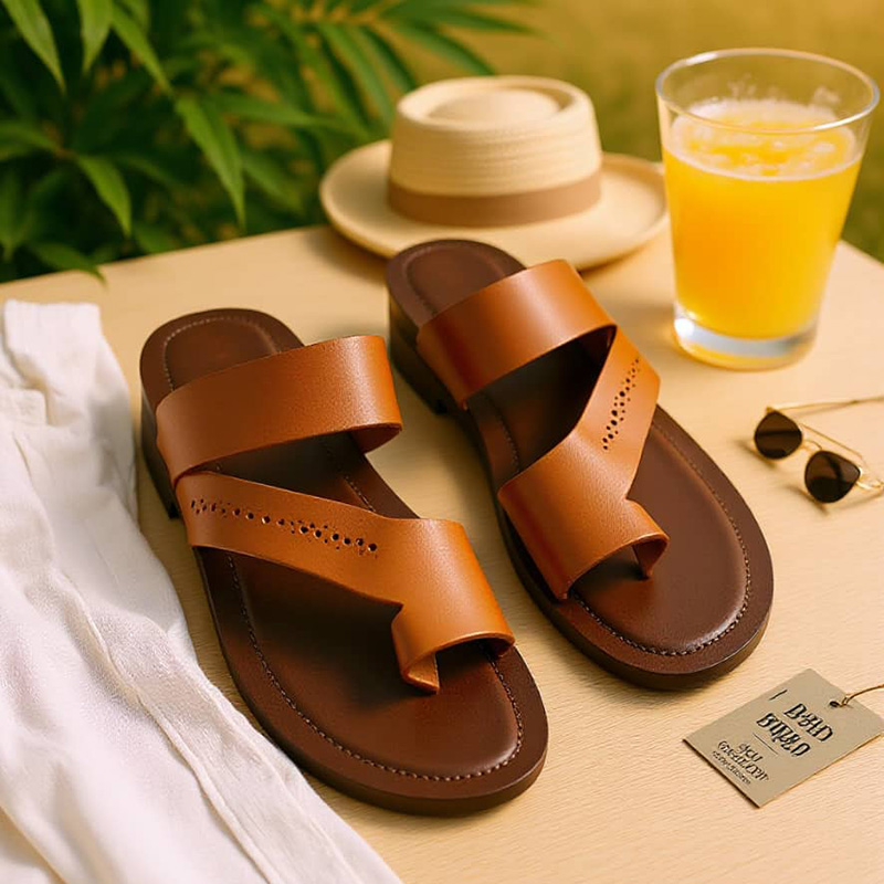Sandales Toe-Loop en Cuir Cognac Perforé – Confort Oriental