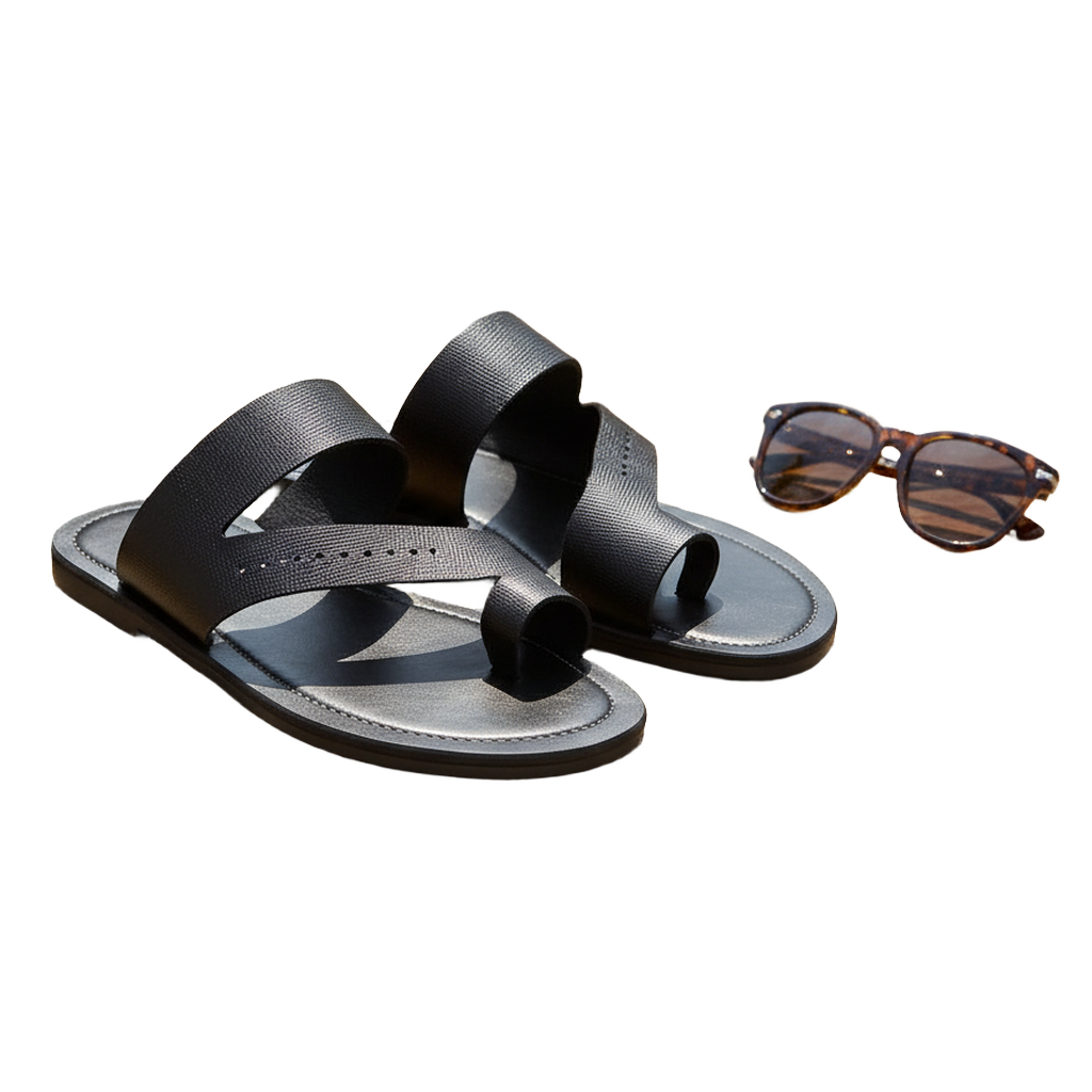 SANDALE en cuir noir , perforéee